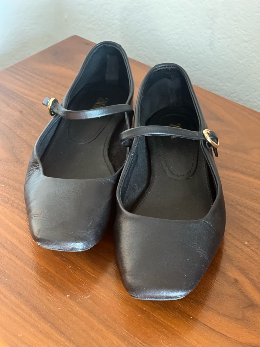 Zara leather Black Mary Jane Square-Toe Flats with Gold Buckle